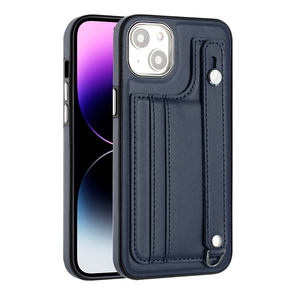 YB Leather Coating Series-5 For iPhone 15 PU Leather+TPU Shell Card Holder Phone Case Strap Kickstand Cover - Sapphire