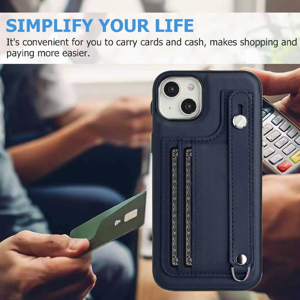 YB Leather Coating Series-5 For iPhone 15 PU Leather+TPU Shell Card Holder Phone Case Strap Kickstand Cover - Sapphire