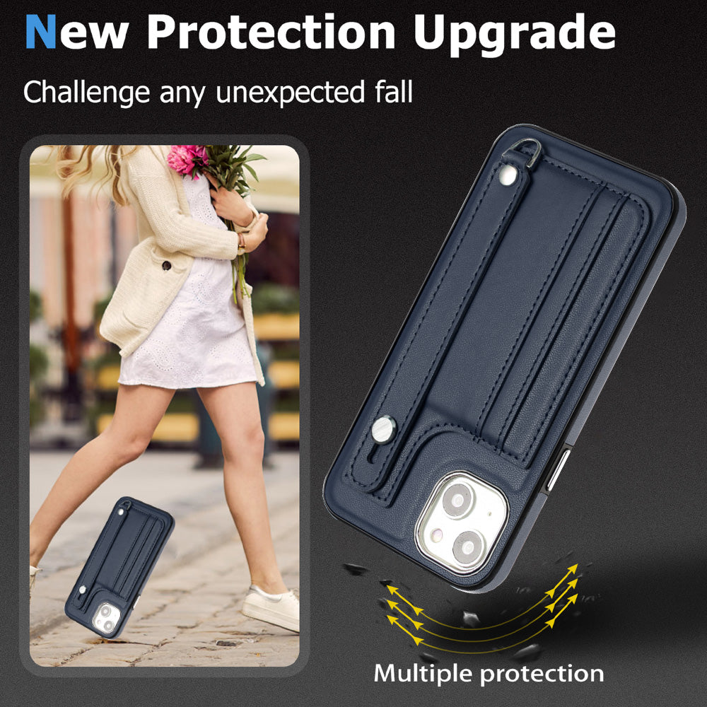 YB Leather Coating Series-5 For iPhone 15 PU Leather+TPU Shell Card Holder Phone Case Strap Kickstand Cover - Sapphire