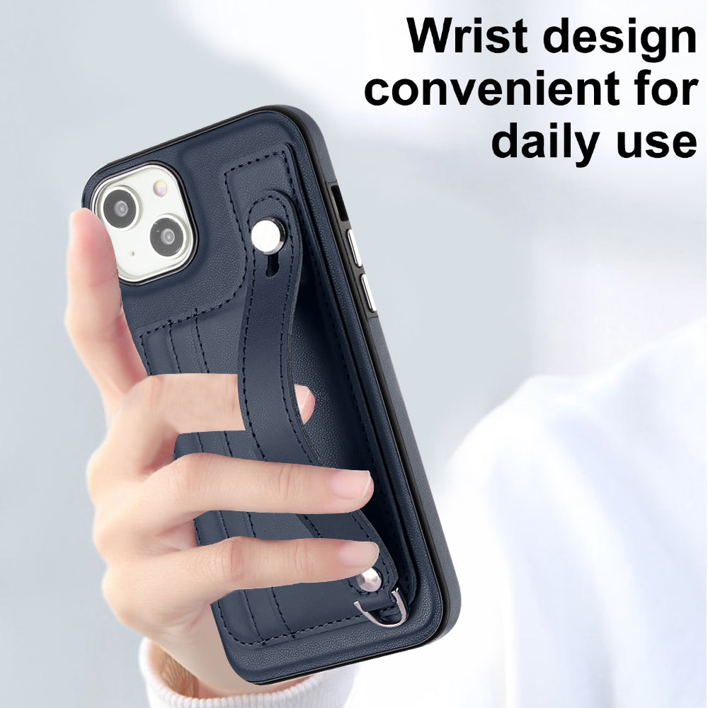 YB Leather Coating Series-5 For iPhone 15 PU Leather+TPU Shell Card Holder Phone Case Strap Kickstand Cover - Sapphire