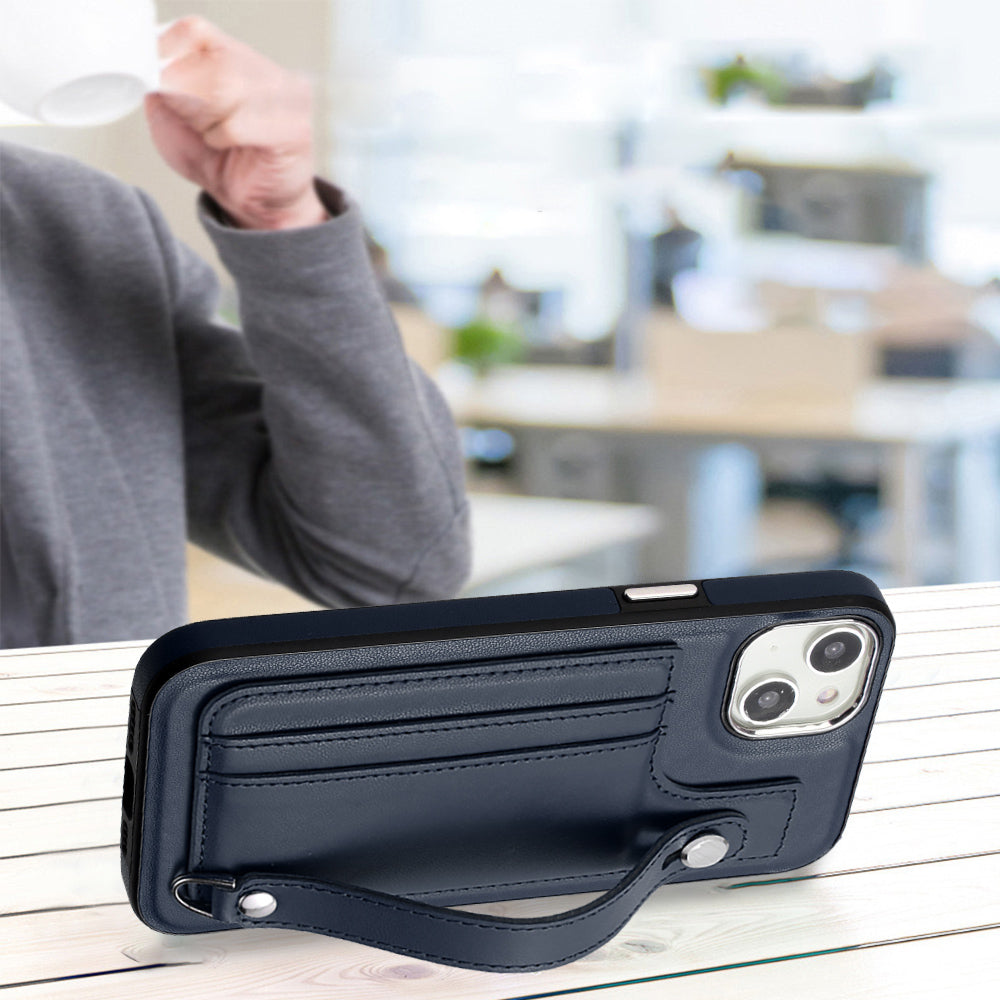 YB Leather Coating Series-5 For iPhone 15 PU Leather+TPU Shell Card Holder Phone Case Strap Kickstand Cover - Sapphire