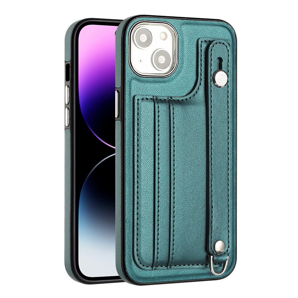 YB Leather Coating Series-5 For iPhone 15 PU Leather+TPU Shell Card Holder Phone Case Strap Kickstand Cover - Green