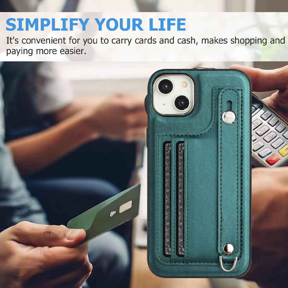 YB Leather Coating Series-5 For iPhone 15 PU Leather+TPU Shell Card Holder Phone Case Strap Kickstand Cover - Green