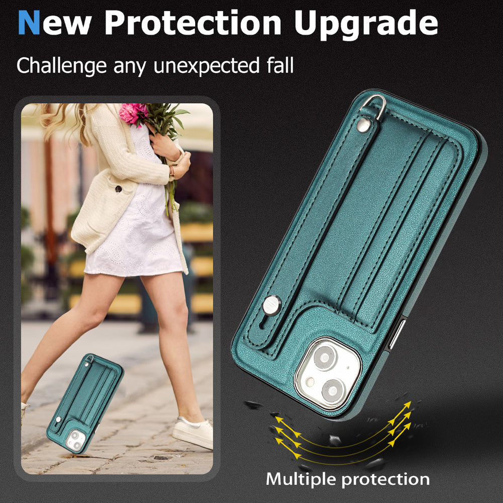 YB Leather Coating Series-5 For iPhone 15 PU Leather+TPU Shell Card Holder Phone Case Strap Kickstand Cover - Green