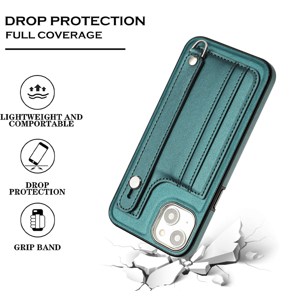 YB Leather Coating Series-5 For iPhone 15 PU Leather+TPU Shell Card Holder Phone Case Strap Kickstand Cover - Green