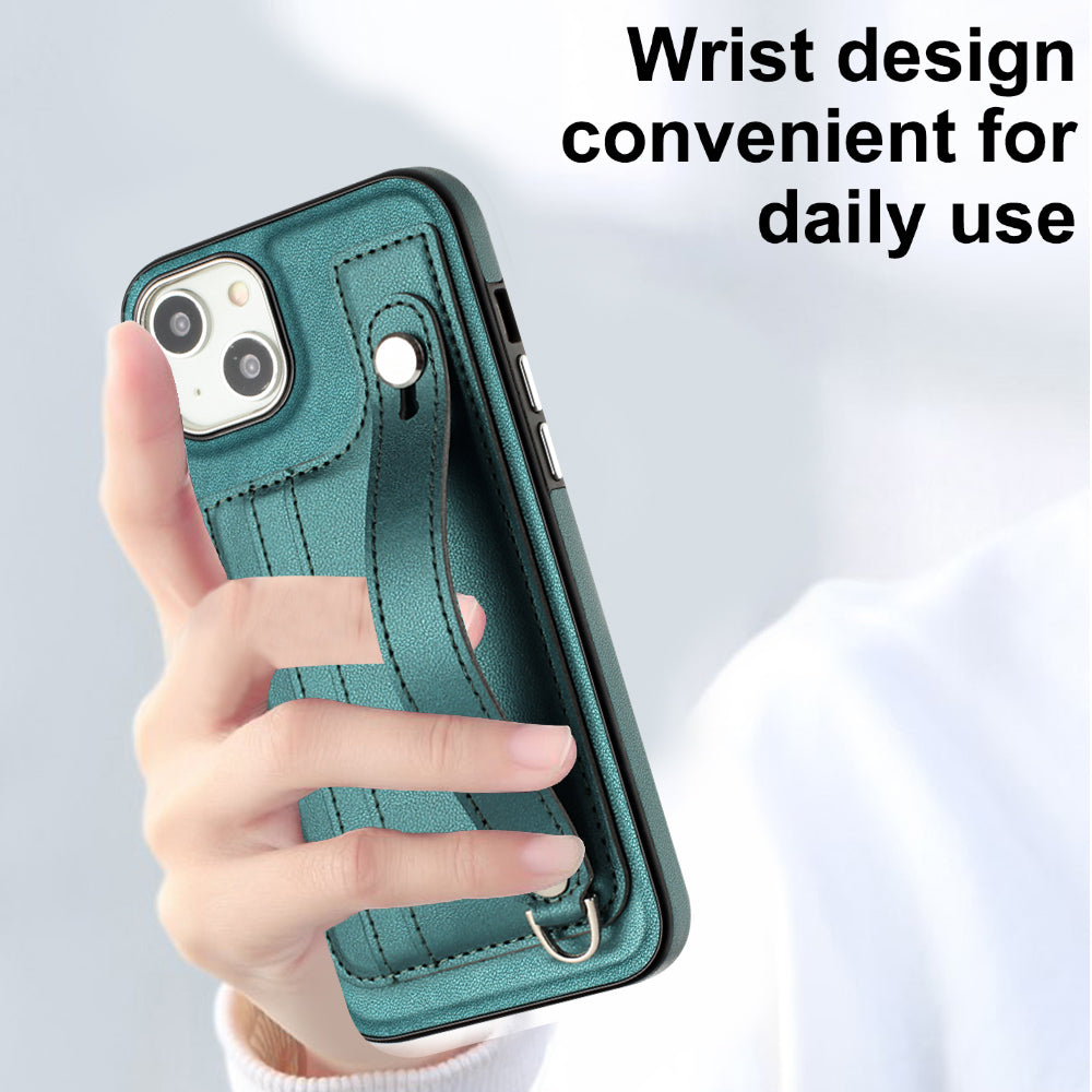 YB Leather Coating Series-5 For iPhone 15 PU Leather+TPU Shell Card Holder Phone Case Strap Kickstand Cover - Green