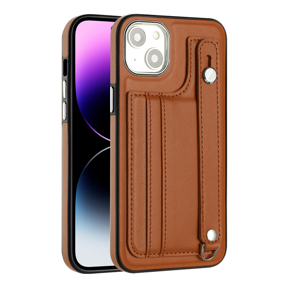 YB Leather Coating Series-5 For iPhone 15 PU Leather+TPU Shell Card Holder Phone Case Strap Kickstand Cover - Brown