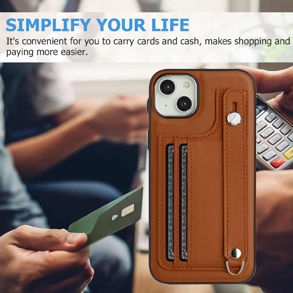YB Leather Coating Series-5 For iPhone 15 PU Leather+TPU Shell Card Holder Phone Case Strap Kickstand Cover - Brown