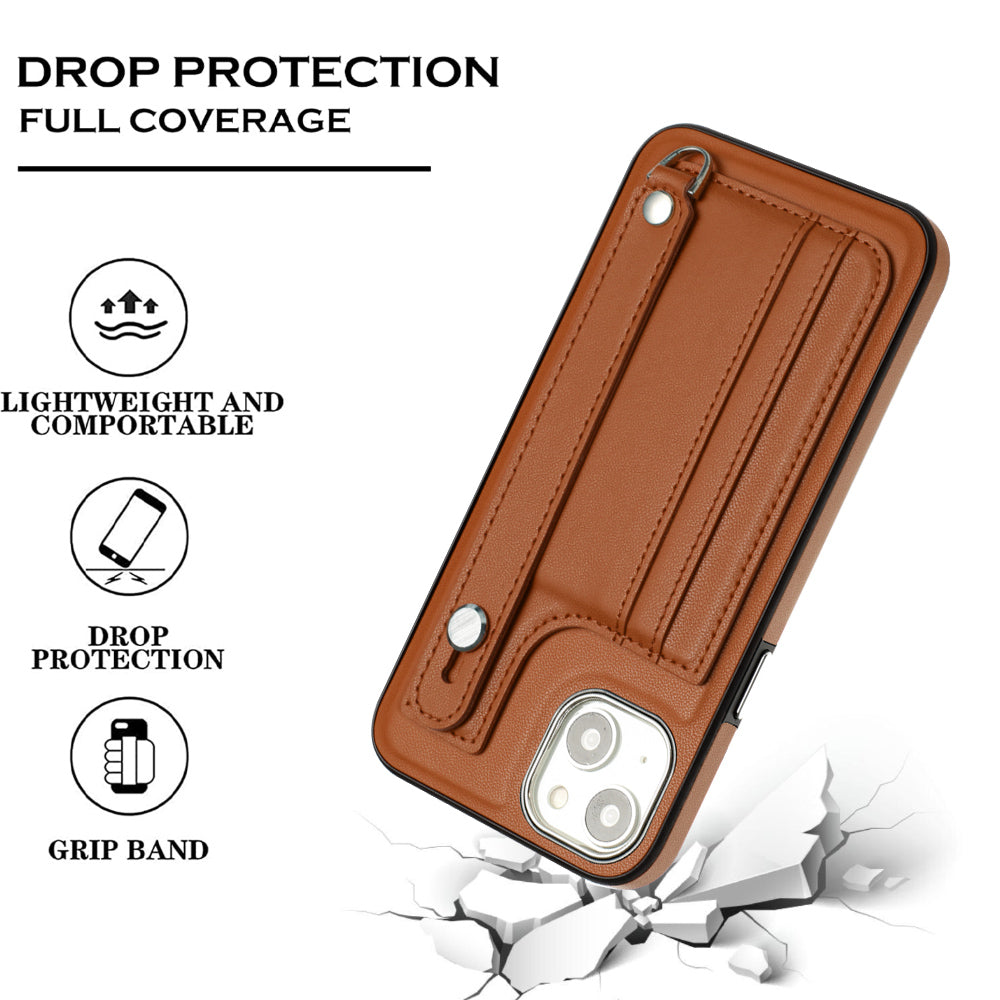 YB Leather Coating Series-5 For iPhone 15 PU Leather+TPU Shell Card Holder Phone Case Strap Kickstand Cover - Brown