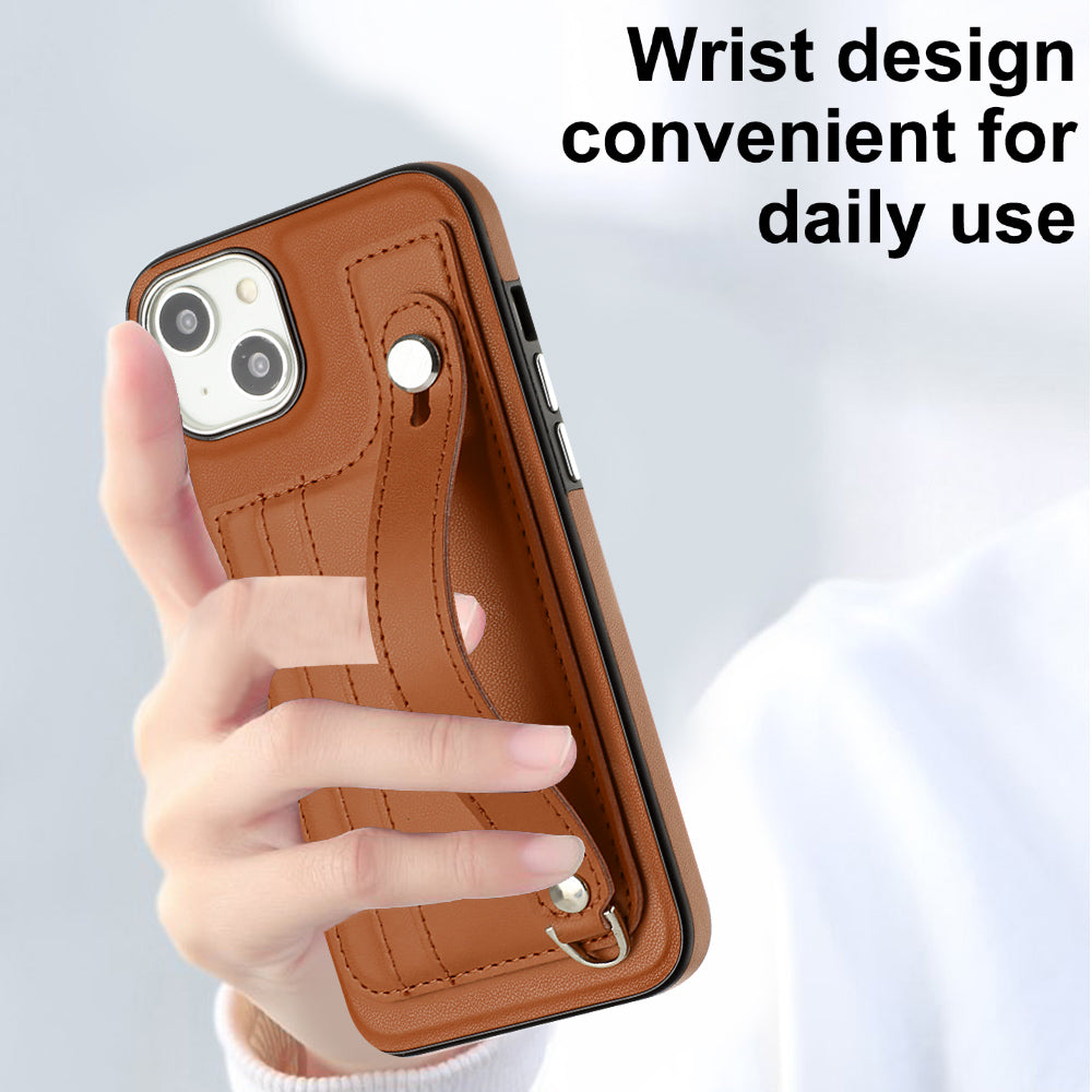YB Leather Coating Series-5 For iPhone 15 PU Leather+TPU Shell Card Holder Phone Case Strap Kickstand Cover - Brown
