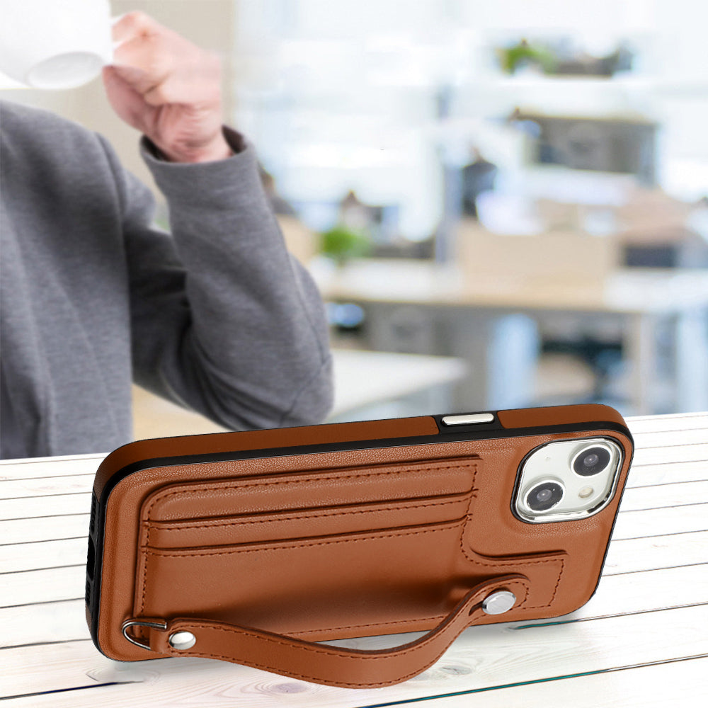 YB Leather Coating Series-5 For iPhone 15 PU Leather+TPU Shell Card Holder Phone Case Strap Kickstand Cover - Brown
