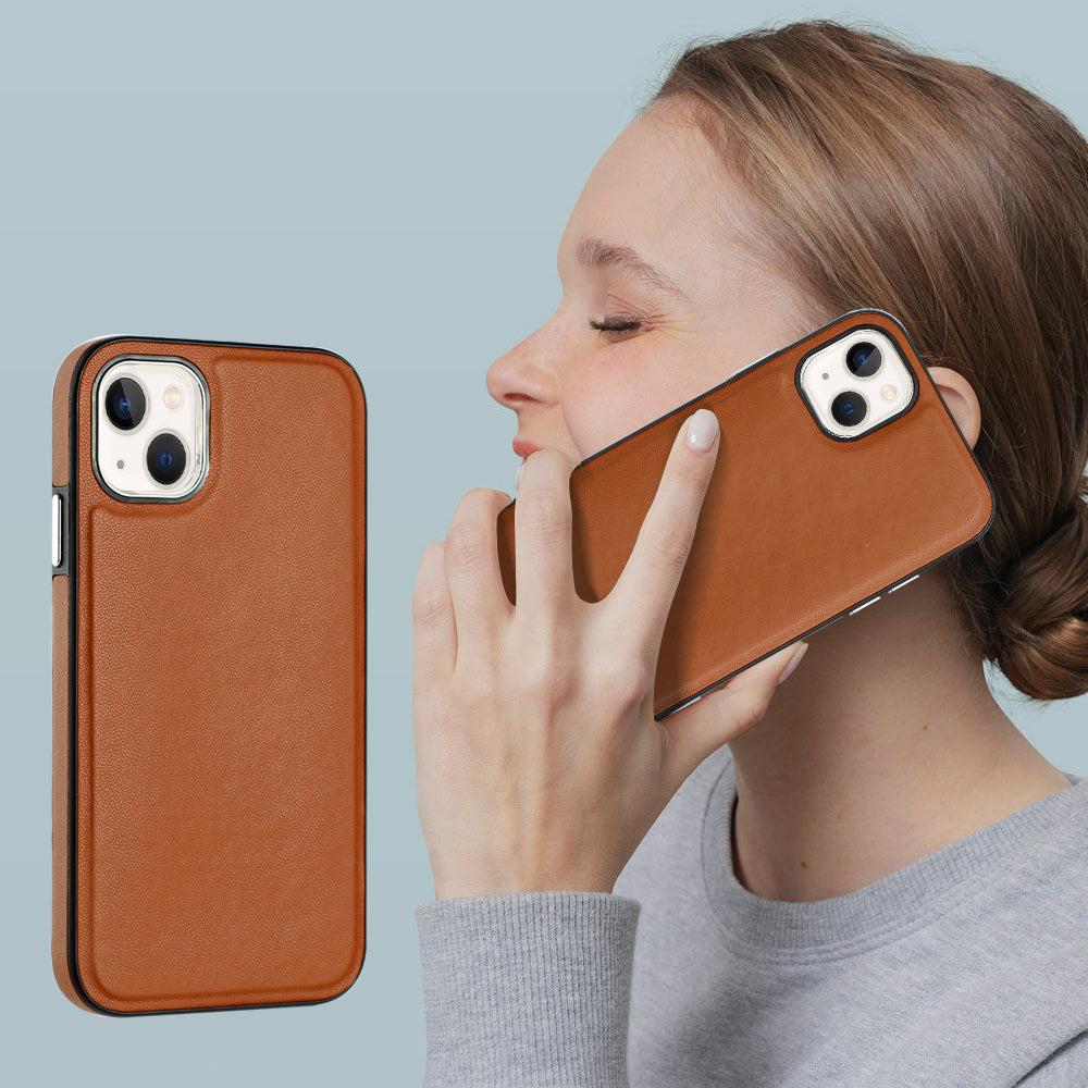 YB Leather Coating Series-6 For iPhone 15 Anti-scratch Back Cover Leather Coated TPU Mobile Phone Case - Brown