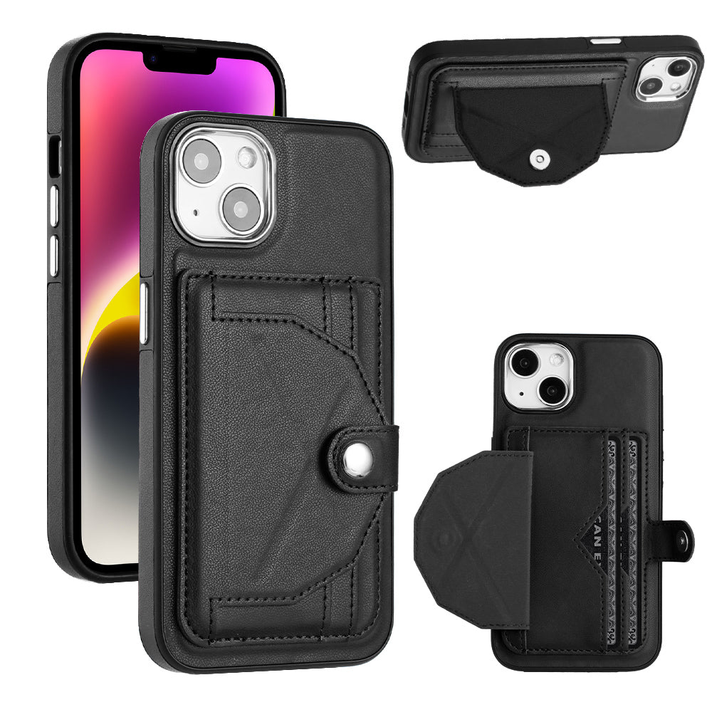 YB Leather Coating Series-4 Phone Case for iPhone 15 , Card Holder Leather Coated TPU Cover with Kickstand - Black