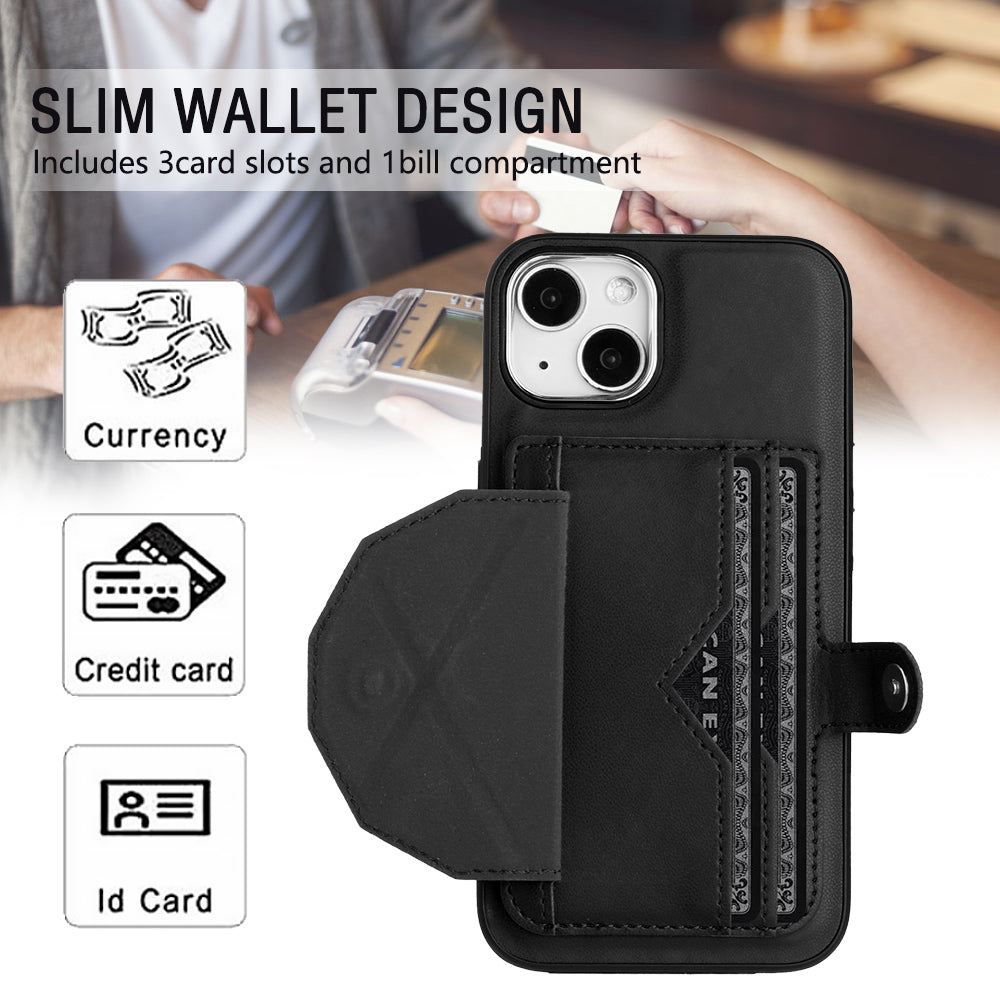 YB Leather Coating Series-4 Phone Case for iPhone 15 , Card Holder Leather Coated TPU Cover with Kickstand - Black