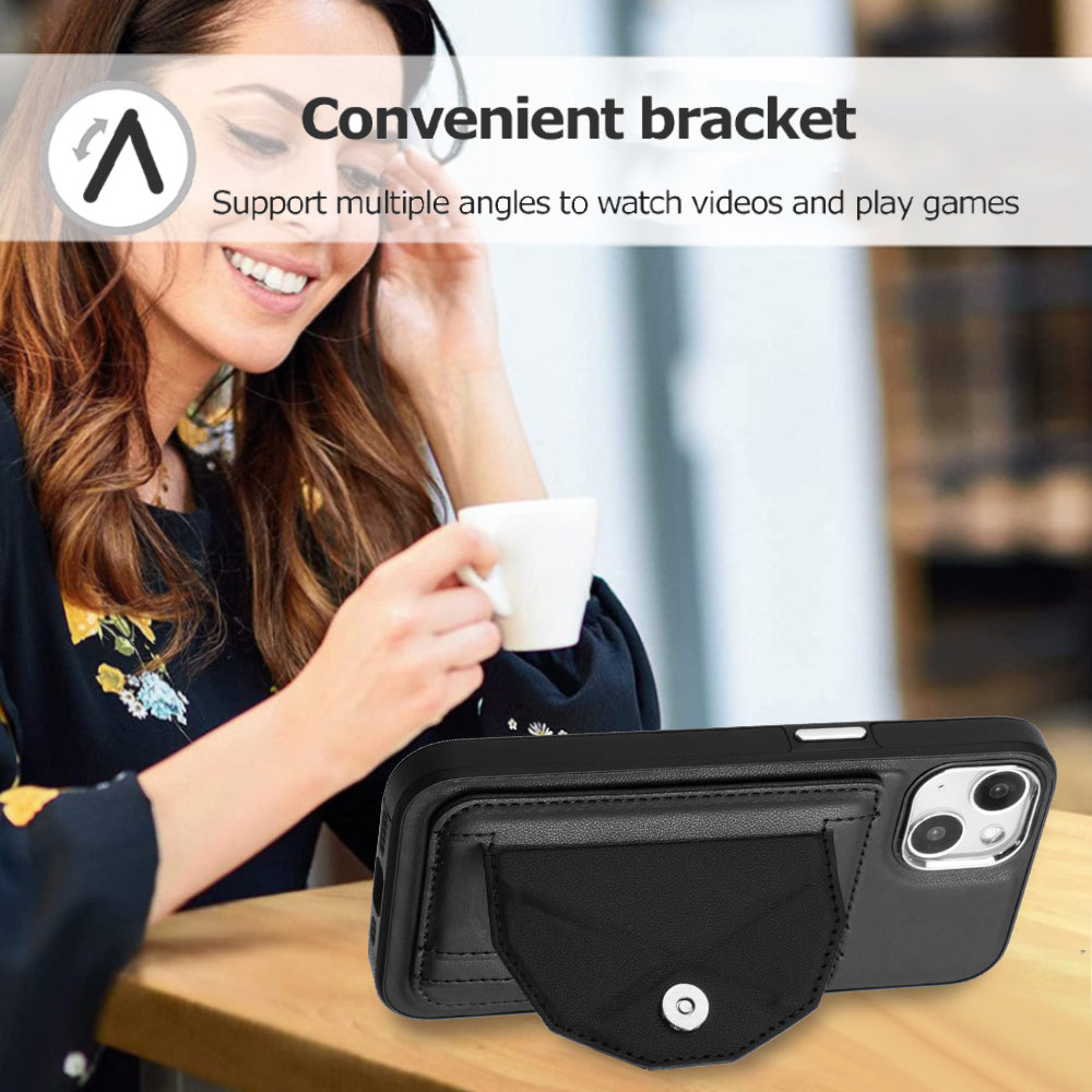 YB Leather Coating Series-4 Phone Case for iPhone 15 , Card Holder Leather Coated TPU Cover with Kickstand - Black