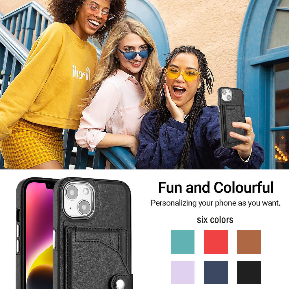 YB Leather Coating Series-4 Phone Case for iPhone 15 , Card Holder Leather Coated TPU Cover with Kickstand - Black