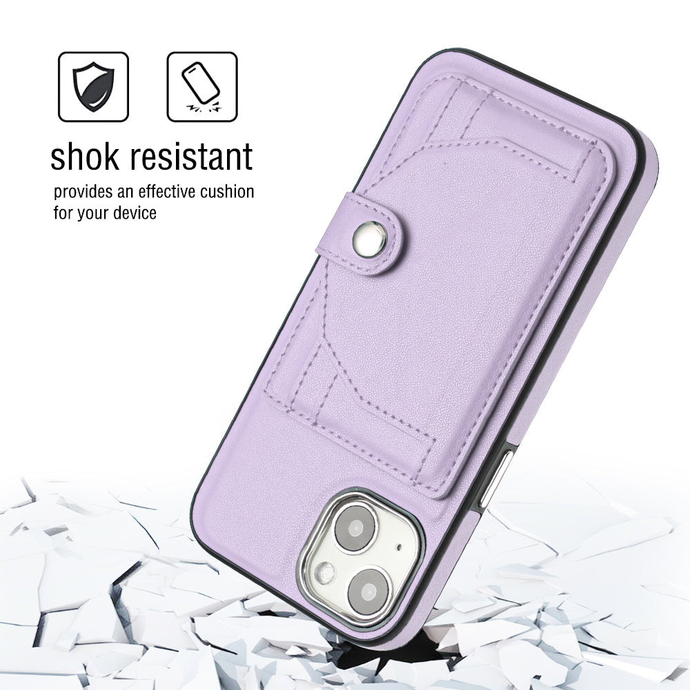 YB Leather Coating Series-4 Phone Case for iPhone 15 , Card Holder Leather Coated TPU Cover with Kickstand - Purple