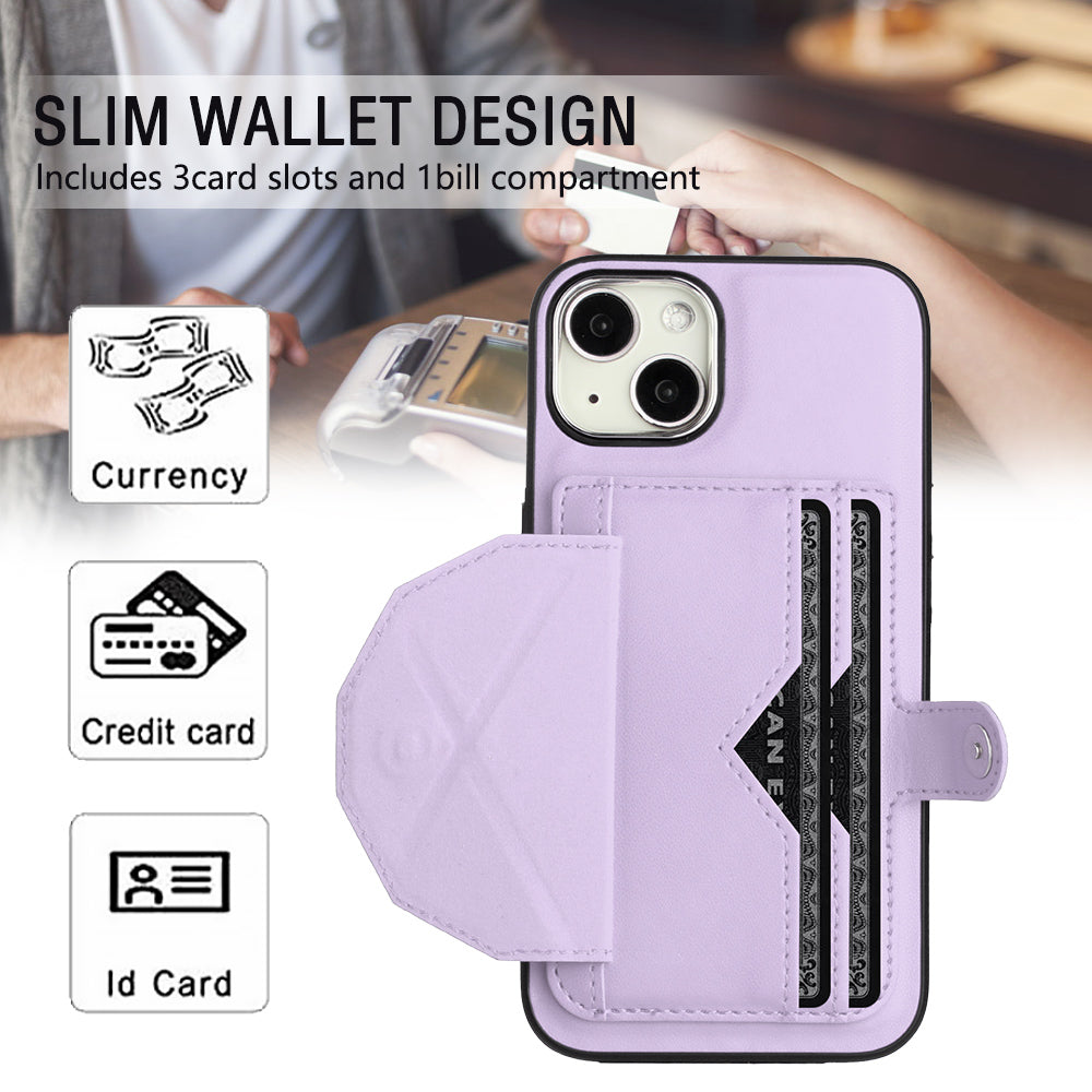 YB Leather Coating Series-4 Phone Case for iPhone 15 , Card Holder Leather Coated TPU Cover with Kickstand - Purple