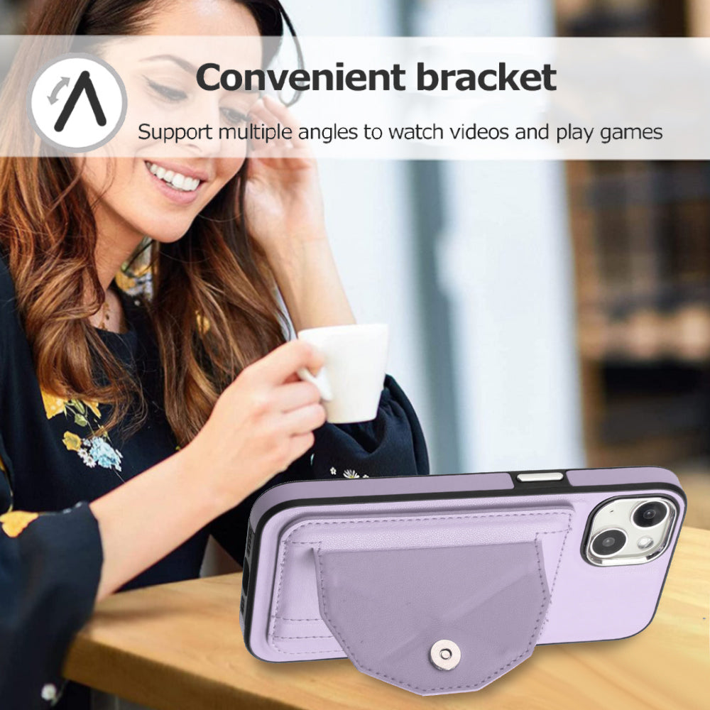 YB Leather Coating Series-4 Phone Case for iPhone 15 , Card Holder Leather Coated TPU Cover with Kickstand - Purple