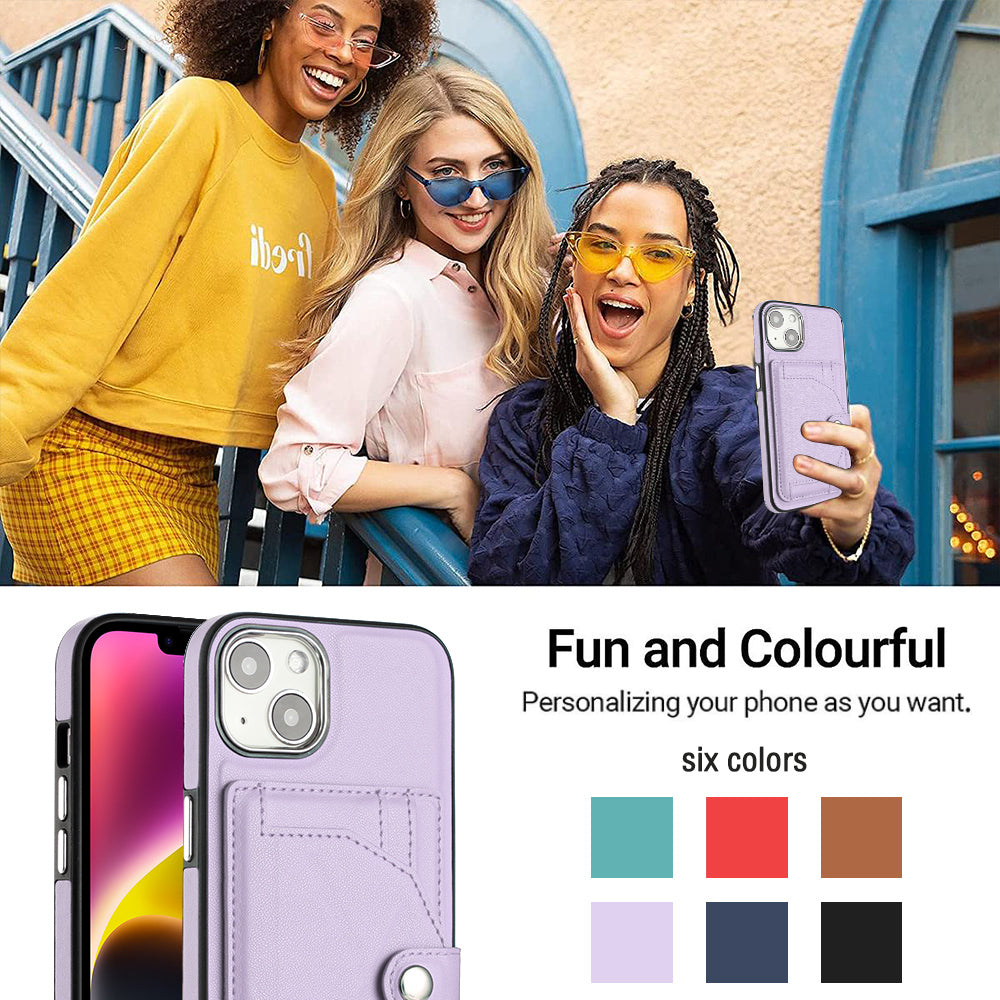 YB Leather Coating Series-4 Phone Case for iPhone 15 , Card Holder Leather Coated TPU Cover with Kickstand - Purple