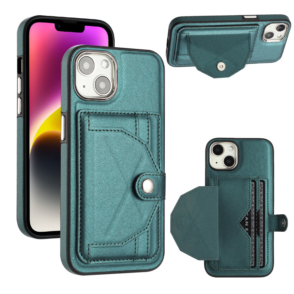 YB Leather Coating Series-4 Phone Case for iPhone 15 , Card Holder Leather Coated TPU Cover with Kickstand - Green