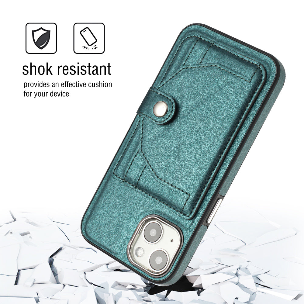 YB Leather Coating Series-4 Phone Case for iPhone 15 , Card Holder Leather Coated TPU Cover with Kickstand - Green