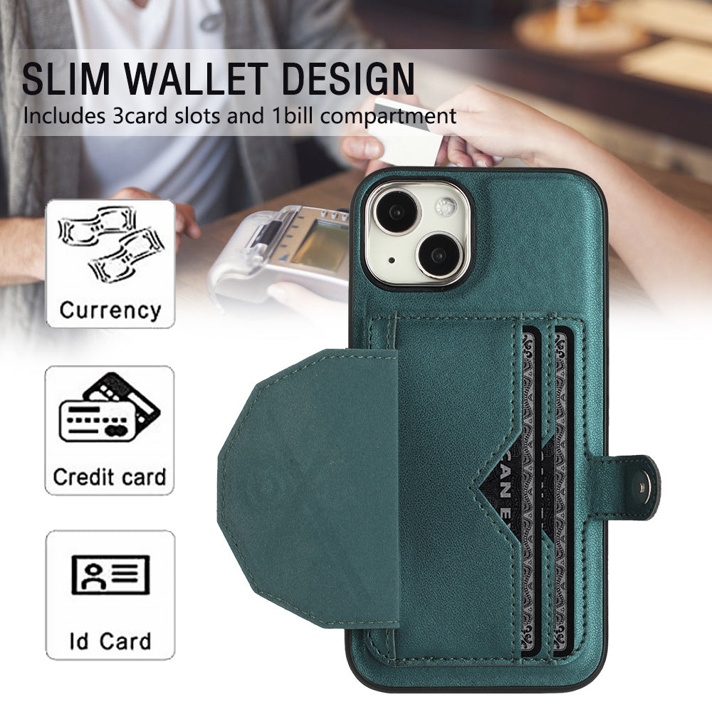 YB Leather Coating Series-4 Phone Case for iPhone 15 , Card Holder Leather Coated TPU Cover with Kickstand - Green