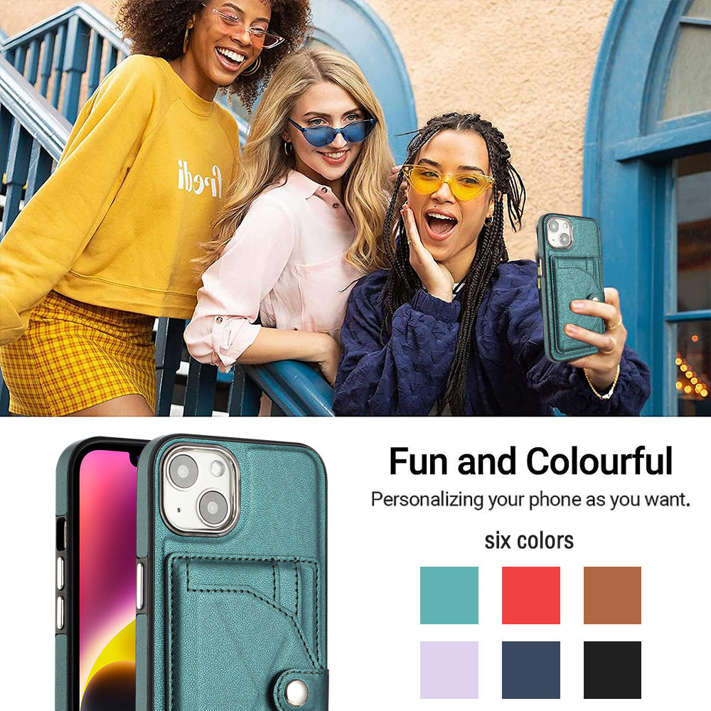 YB Leather Coating Series-4 Phone Case for iPhone 15 , Card Holder Leather Coated TPU Cover with Kickstand - Green