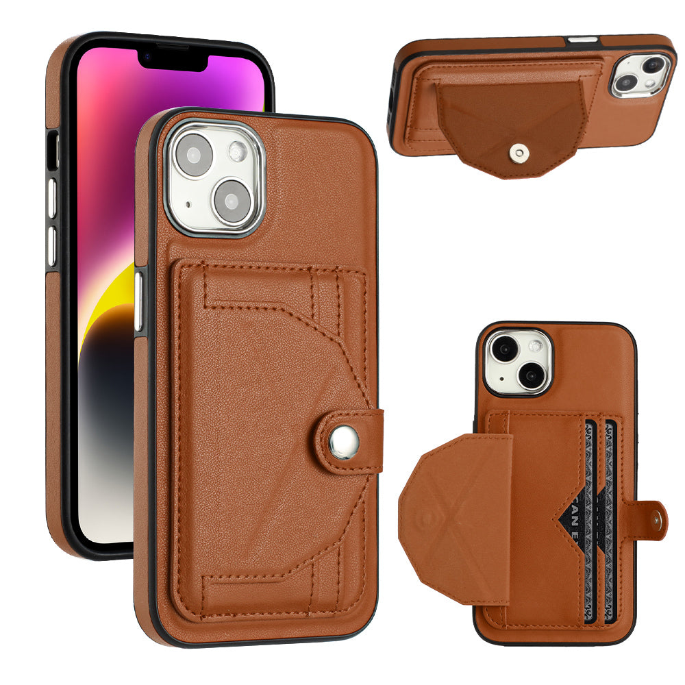 YB Leather Coating Series-4 Phone Case for iPhone 15 , Card Holder Leather Coated TPU Cover with Kickstand - Brown