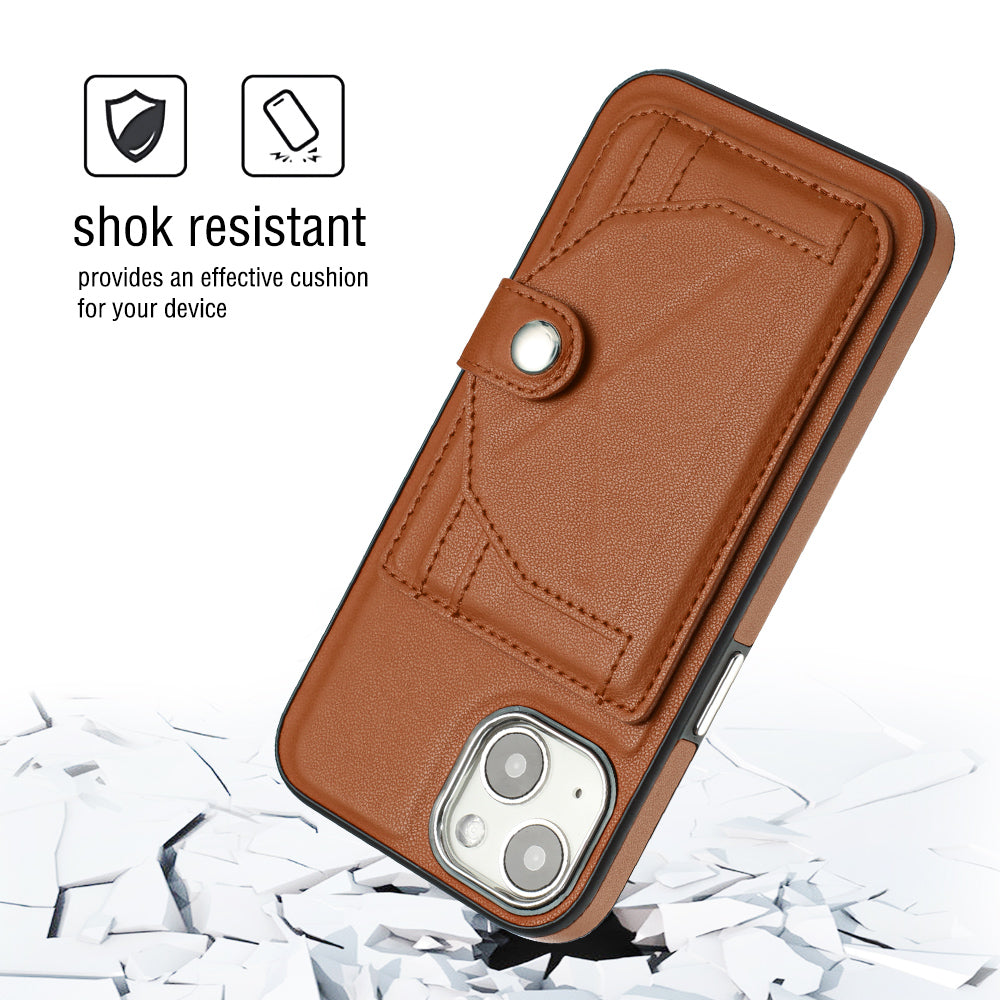 YB Leather Coating Series-4 Phone Case for iPhone 15 , Card Holder Leather Coated TPU Cover with Kickstand - Brown