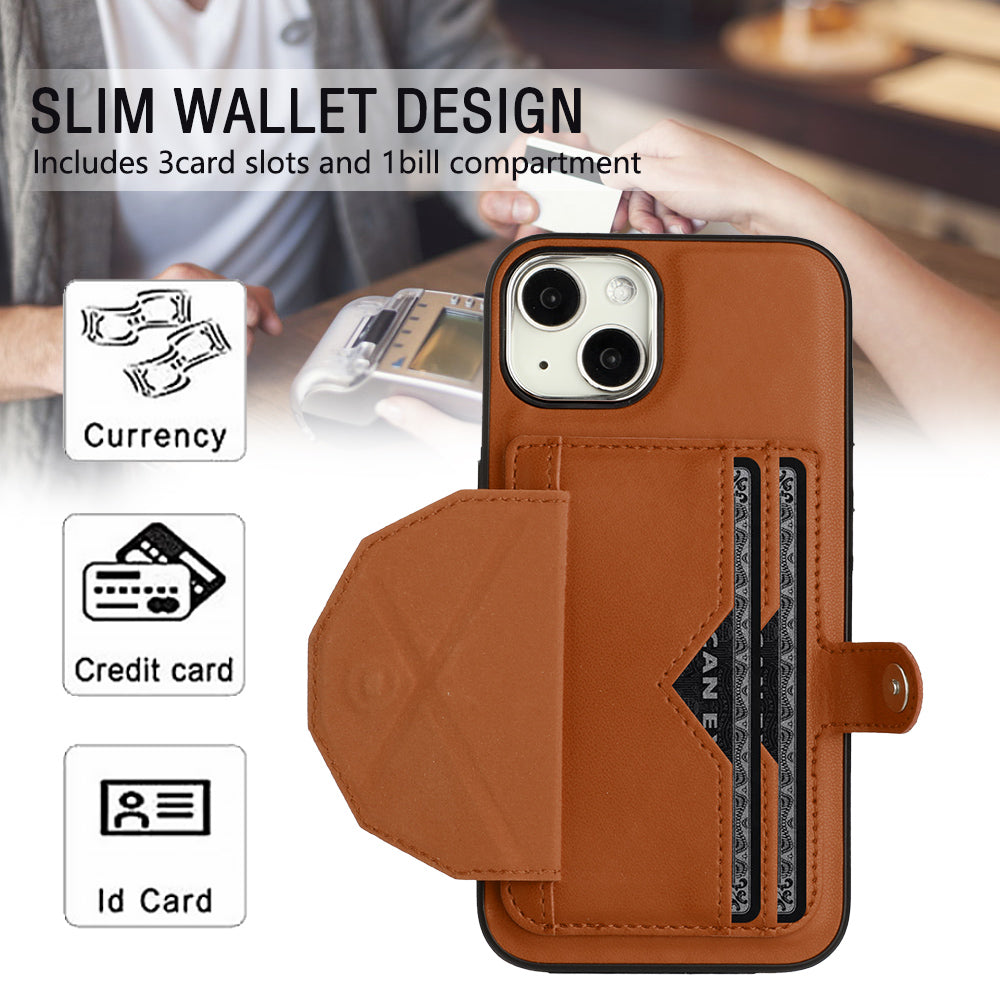 YB Leather Coating Series-4 Phone Case for iPhone 15 , Card Holder Leather Coated TPU Cover with Kickstand - Brown