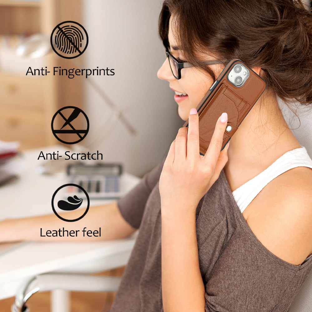 YB Leather Coating Series-4 Phone Case for iPhone 15 , Card Holder Leather Coated TPU Cover with Kickstand - Brown