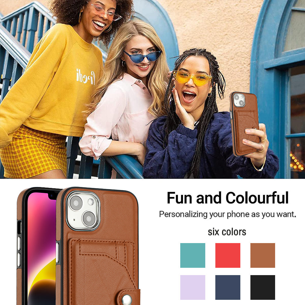 YB Leather Coating Series-4 Phone Case for iPhone 15 , Card Holder Leather Coated TPU Cover with Kickstand - Brown