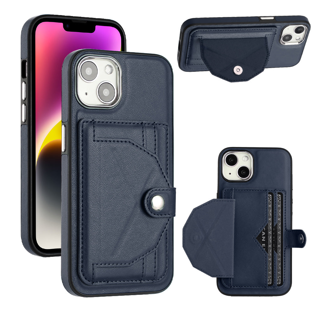 YB Leather Coating Series-4 Phone Case for iPhone 15 , Card Holder Leather Coated TPU Cover with Kickstand - Sapphire