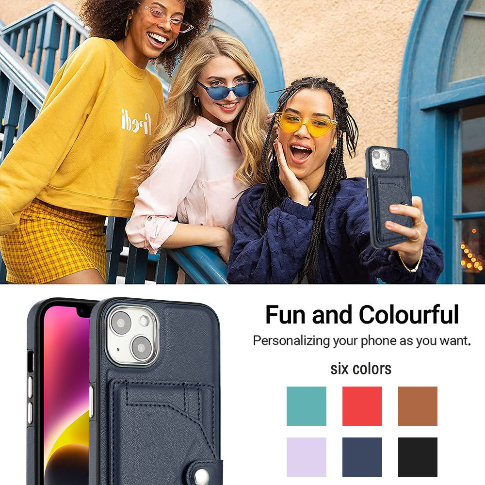 YB Leather Coating Series-4 Phone Case for iPhone 15 , Card Holder Leather Coated TPU Cover with Kickstand - Sapphire