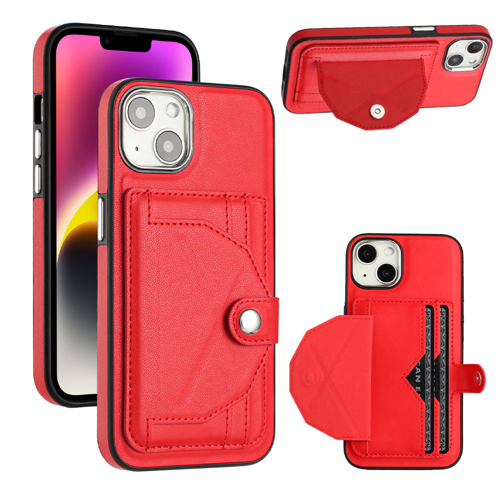 YB Leather Coating Series-4 Phone Case for iPhone 15 , Card Holder Leather Coated TPU Cover with Kickstand - Red