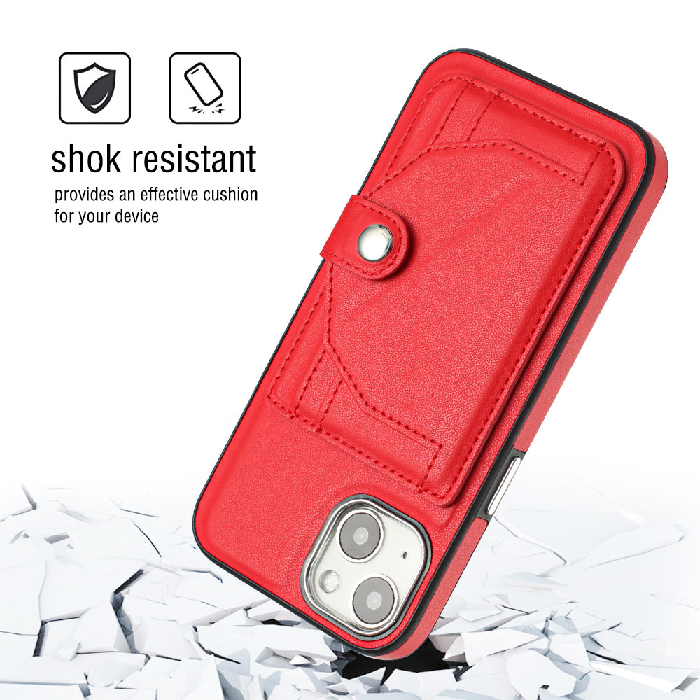 YB Leather Coating Series-4 Phone Case for iPhone 15 , Card Holder Leather Coated TPU Cover with Kickstand - Red
