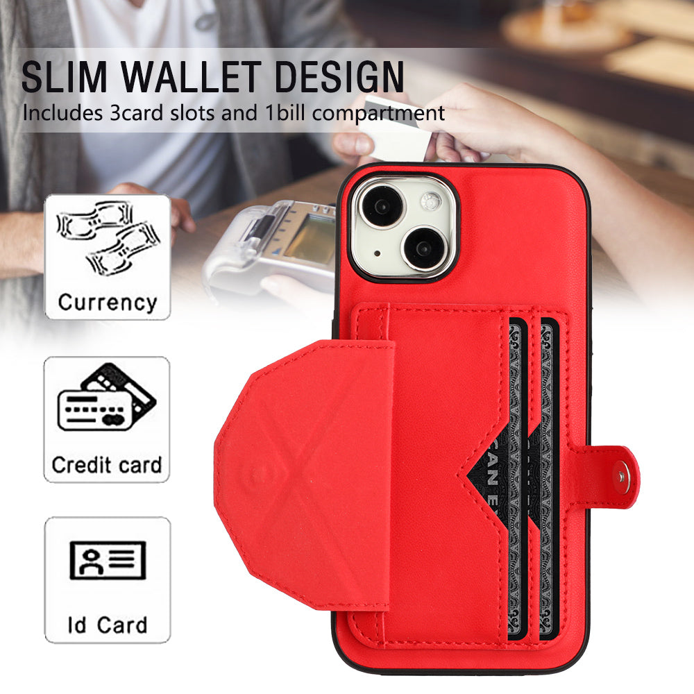 YB Leather Coating Series-4 Phone Case for iPhone 15 , Card Holder Leather Coated TPU Cover with Kickstand - Red