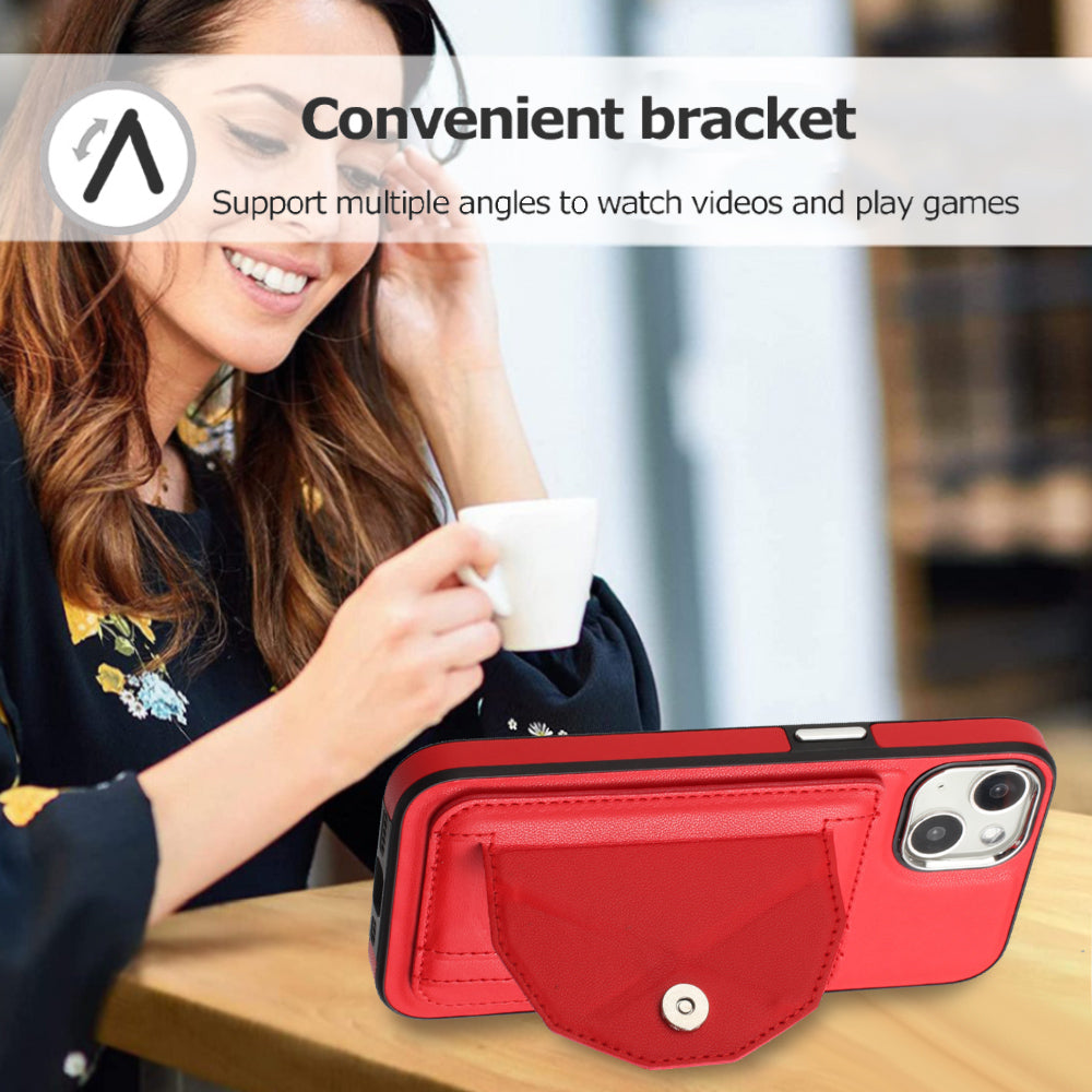 YB Leather Coating Series-4 Phone Case for iPhone 15 , Card Holder Leather Coated TPU Cover with Kickstand - Red