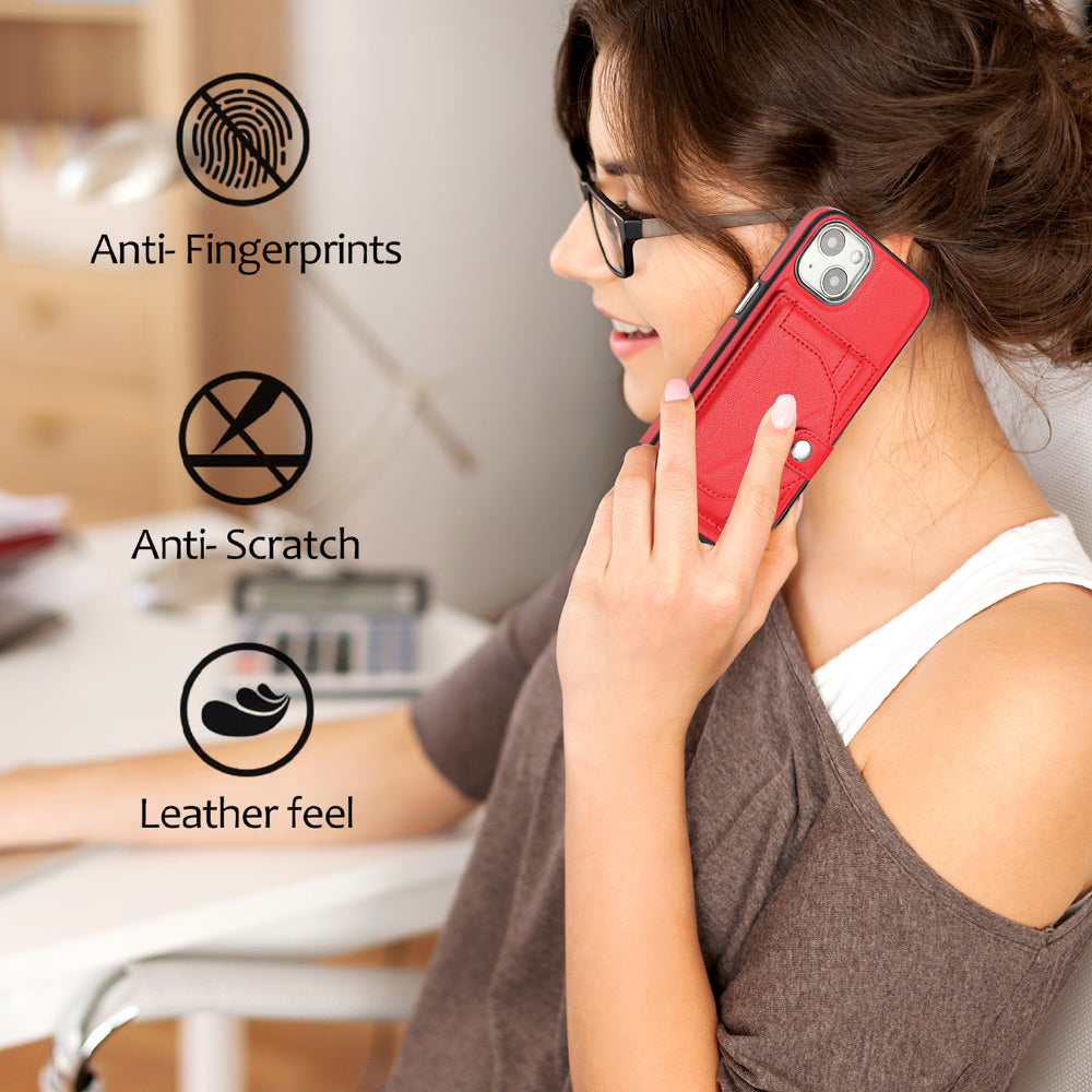 YB Leather Coating Series-4 Phone Case for iPhone 15 , Card Holder Leather Coated TPU Cover with Kickstand - Red
