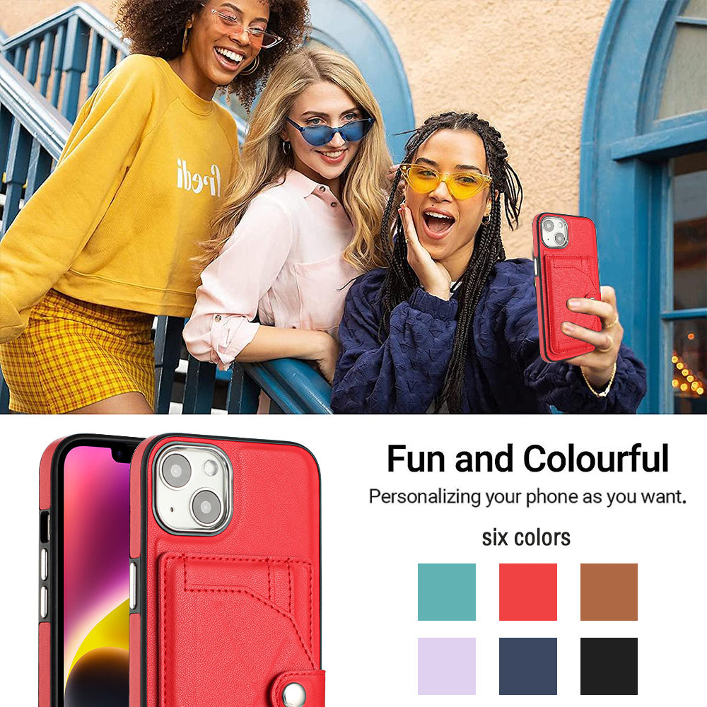 YB Leather Coating Series-4 Phone Case for iPhone 15 , Card Holder Leather Coated TPU Cover with Kickstand - Red