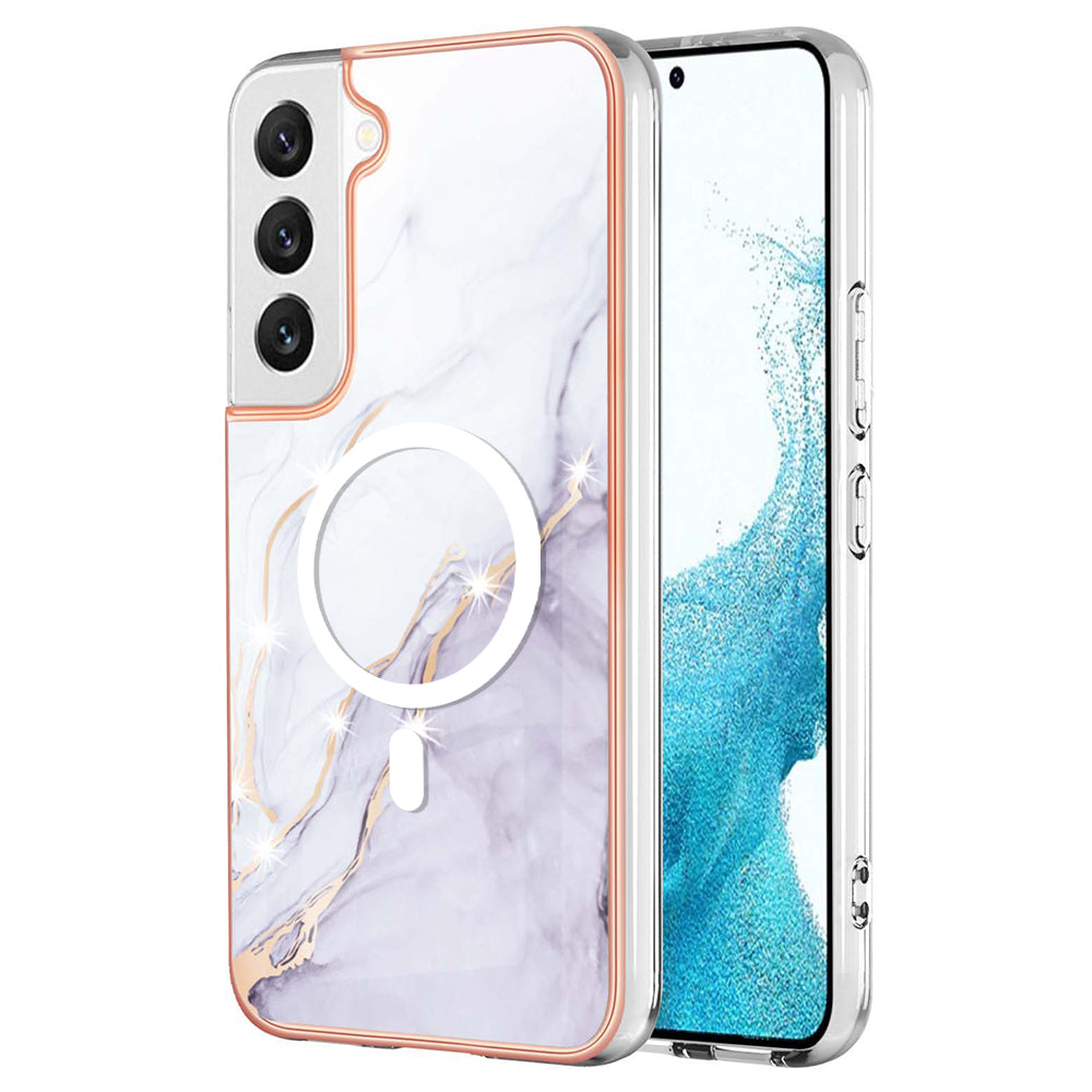 YB IMD Series-19 for Samsung Galaxy S22 5G Magnetic IMD Pattern Phone Case Electroplated 2.0mm TPU Cover - White