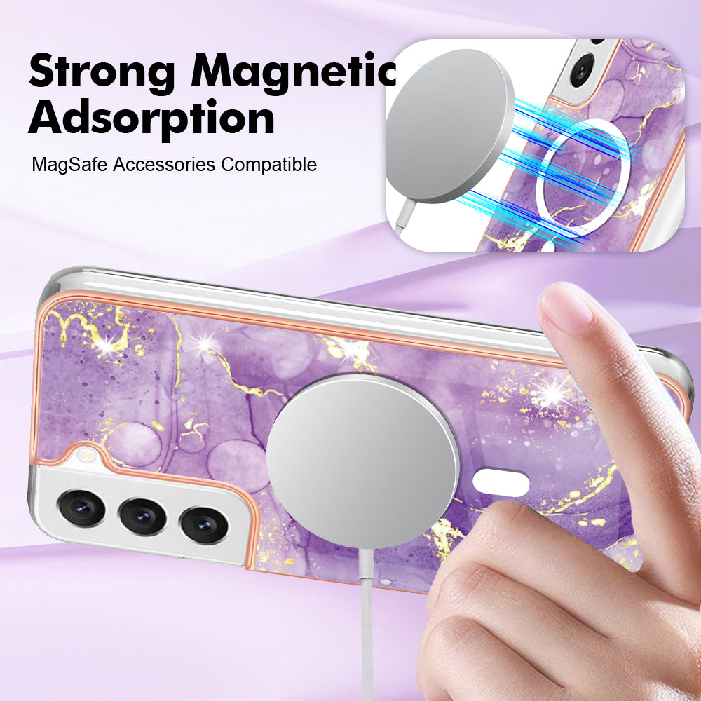 YB IMD Series-19 for Samsung Galaxy S22 5G Magnetic IMD Pattern Phone Case Electroplated 2.0mm TPU Cover - Purple