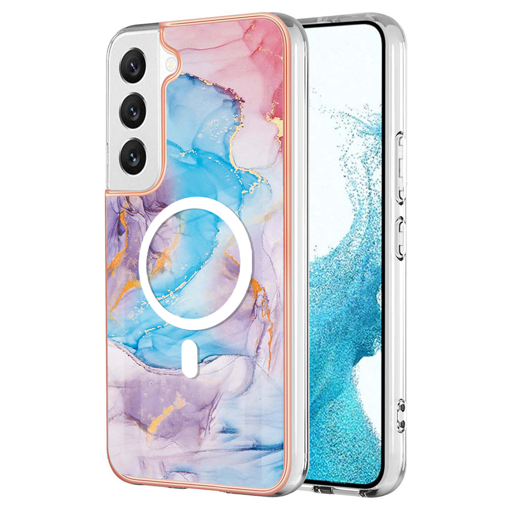 YB IMD Series-19 for Samsung Galaxy S22 5G Magnetic IMD Pattern Phone Case Electroplated 2.0mm TPU Cover - Marble Blue