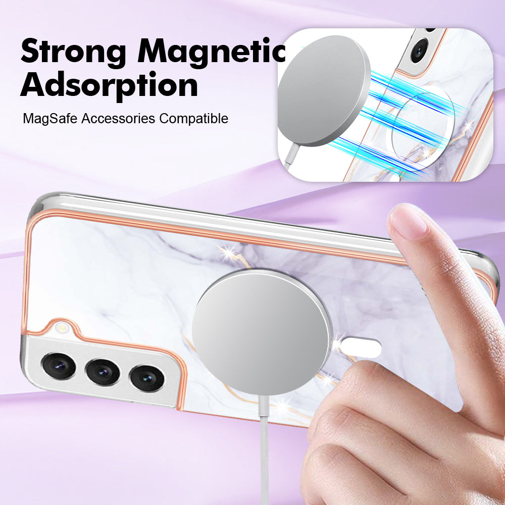 YB IMD Series-19 for Samsung Galaxy S22+ 5G IMD Pattern Phone Case Electroplated 2.0mm TPU Magnetic Cover - White