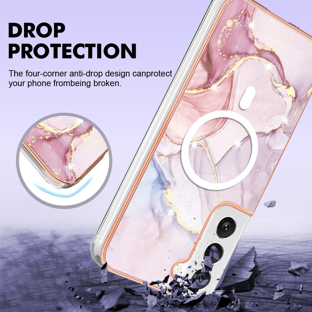 YB IMD Series-19 for Samsung Galaxy S22+ 5G IMD Pattern Phone Case Electroplated 2.0mm TPU Magnetic Cover - Rose Gold