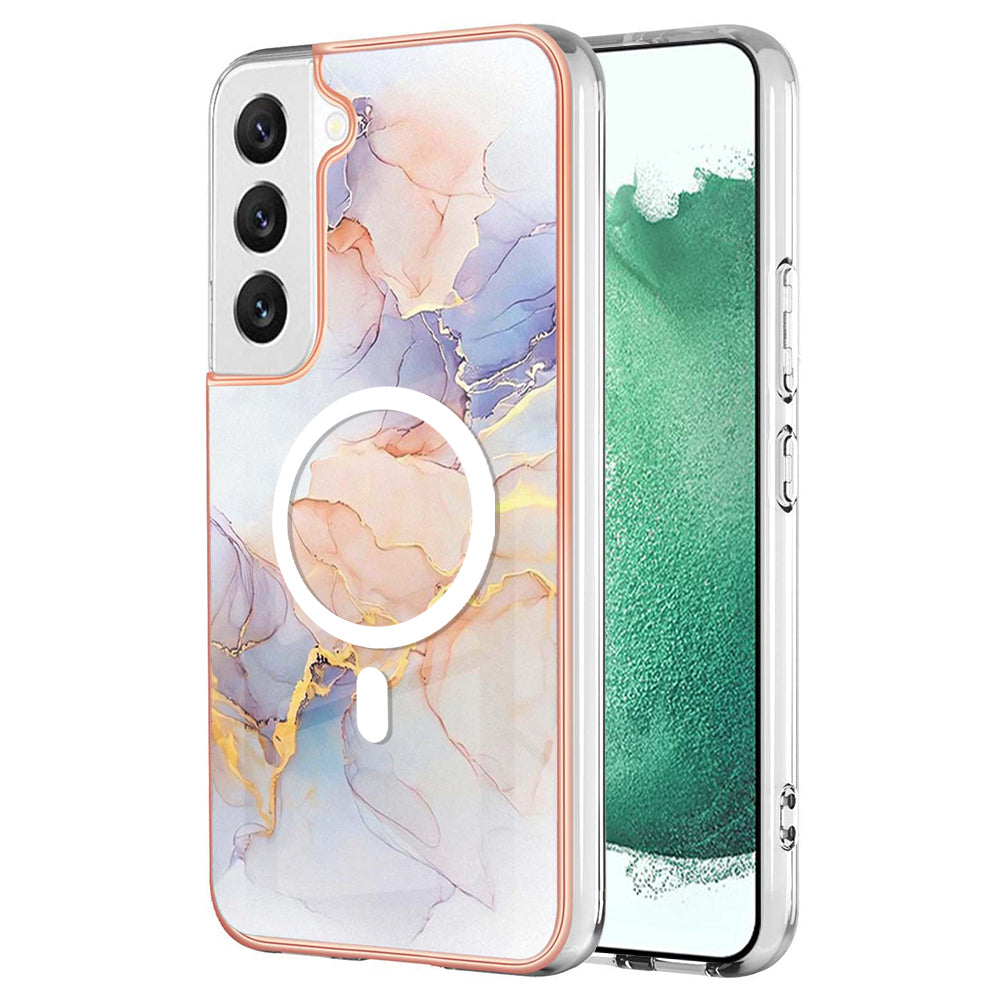 YB IMD Series-19 for Samsung Galaxy S22+ 5G IMD Pattern Phone Case Electroplated 2.0mm TPU Magnetic Cover - Marble White