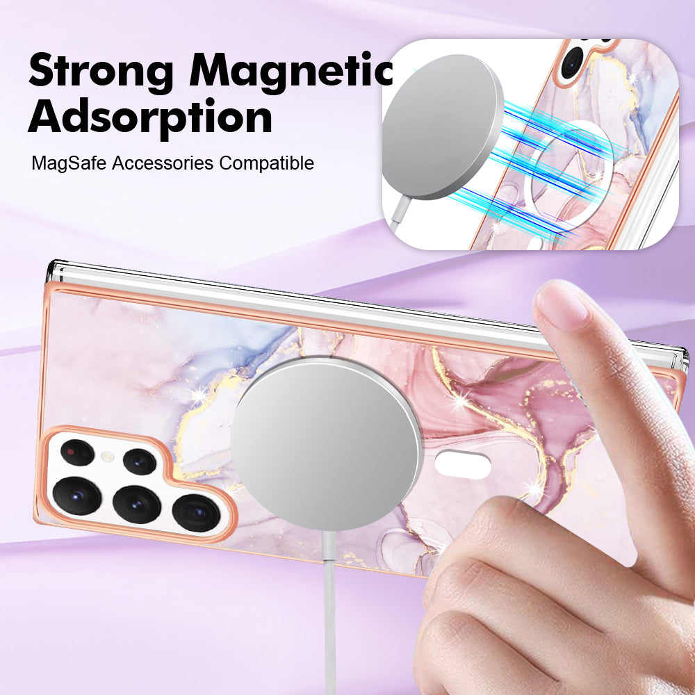 YB IMD Series-19 for Samsung Galaxy S22 Ultra 5G Magnetic Electroplated IMD Phone Case 2.0mm TPU Back Cover - Rose Gold