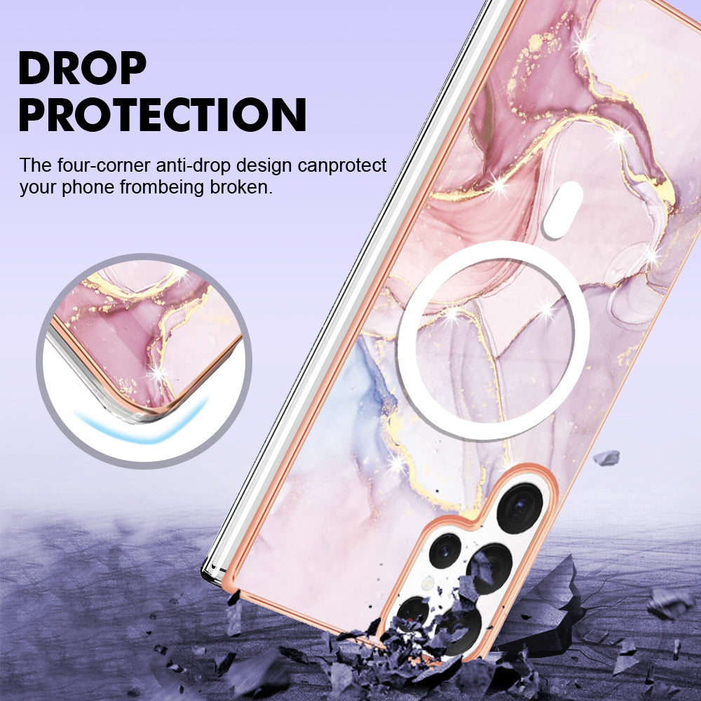 YB IMD Series-19 for Samsung Galaxy S22 Ultra 5G Magnetic Electroplated IMD Phone Case 2.0mm TPU Back Cover - Rose Gold