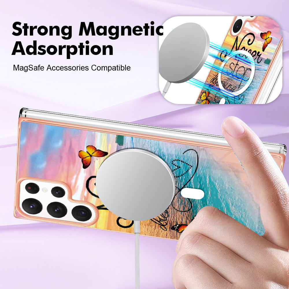 YB IMD Series-19 for Samsung Galaxy S22 Ultra 5G Magnetic Electroplated IMD Phone Case 2.0mm TPU Back Cover - Never Stop Dreaming